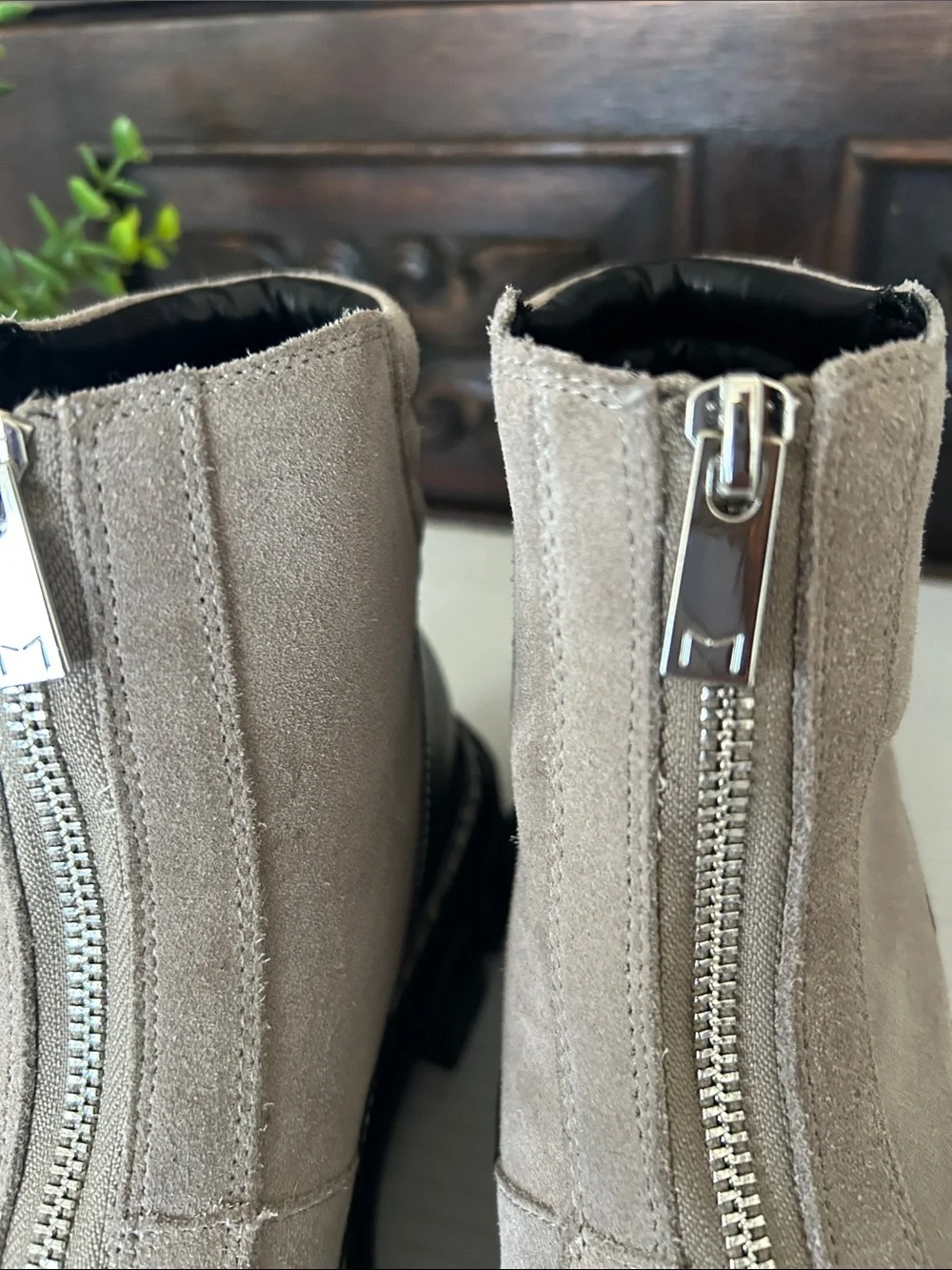 Marc Fisher Taupe Suede and Black Leather Lug-Zip Ankle Boots